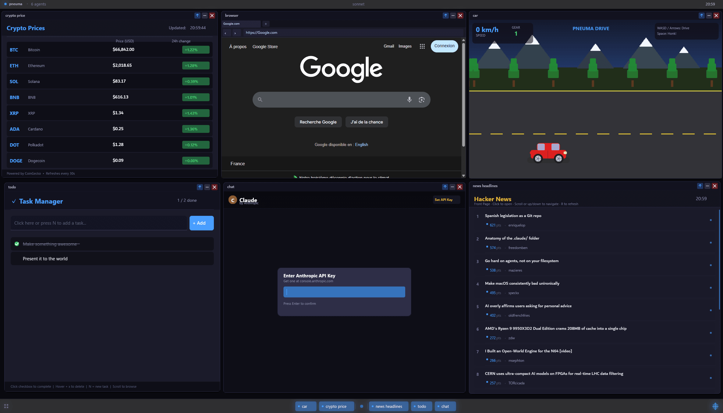 pneuma running multiple agents — browser, crypto prices, chat, todo, car game, news headlines